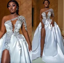 ASO EBI African Sexy High Split Wedding Dresses A Line One Shoulder Beaded Appliques Keyhole Neck Slit Bridal Gowns Plus Size Robes Custom Made