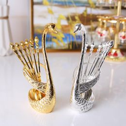 Flatware Sets Coffee Spoon Swan Base Salad Forks Holder Cake Fruit Set Steel Stainless Tableware Dessert