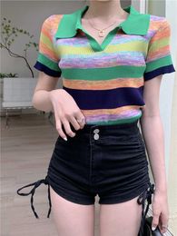 Women's T-Shirt Summer New Girl Polo Neck Rainbow Stripe Short Sleeve Thin Knitted T-shirt Elastic Top P230602