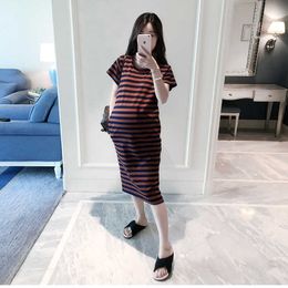 Maternity Dresses 2022 Striped Long Skirt Short Sleeve Autumn Spring Casual Clothing Pregnant Women's Dress Top G220602