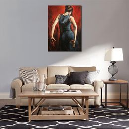 Modern Woman Canvas Art Spanish Flamenco Dancers Tango Blue Dress Handmade Oil Painting Contemporary Wall Decor for Living Room