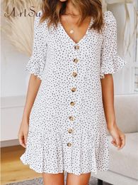 Dress Artsu 2020 Spring Women Beach Dress Casual Vneck Half Sleeve Polka Dot Print Sundress Boho Elegant Loose White Summer Vestidos