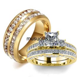 Band Rings Fashion Couple Rings Vintage Stainless Steel Men Wedding Ring Elegant Women Square Cut Zircon Rings Set Engagement Jewellery Gifts J230602