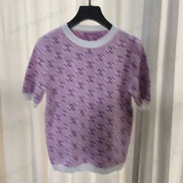 Jacquard-Stoffe, Strick-Designer-T-Shirts, lila Spleißen, ausgehöhltes Design, Stickerei, Strickwaren, T-Shirts, Luxus-Damen-Stretch-Pullover mit Rundhalsausschnitt, Damenbekleidung