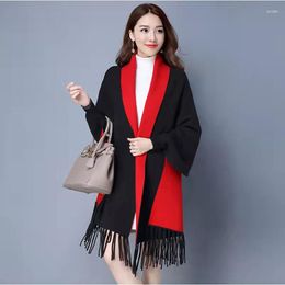 Scarves Women's Warm Artificial Cashmere Tassel Poncho With Batwing Sleeve Solid Knitted Oversize Shawl Cardigans