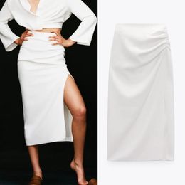 Dresses Traf White Pencil Skirt Women 2021 High Waist Long Skirts Woman Summer Pleated Split Midi Skirt Ruched Elegant Skirts