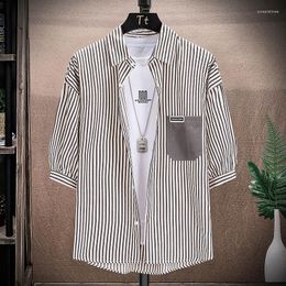 Men's Casual Shirts 2023 Men's Fashion Korean Version Of The Trend Everything Hong Kong Style Classic Seven-point Sleeve Lapel Shirt