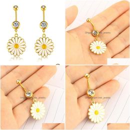 Navel Bell Button Rings Flower Dangle Gold Belly Stainless Steel Curved Barbell Helix Piercing Kit Ring Body Jewellery Drop Delivery Dhnoo