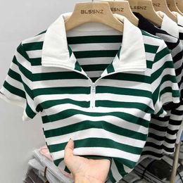 T-Shirt Summer Vintage Stripe Women's Short Sleeve Front Zipper V-Neck Cut Ultra Thin T-shirt P230602