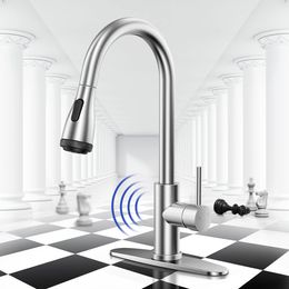 Stainless Steel Smart Kitchen Faucet 4Mode pull-down Kitchen Sprayer Anti-fingerprint Dual Temperature Handle with 1/3 Hole cover brush Nickel