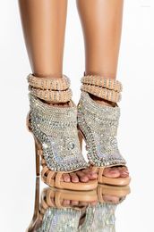 Sandals Ethnic Crystal Stiletto Woman Bling Cover Heels Ankle Wrap Rhinestone Totem Design Peep Hollow Sexy Fashion Dress Shoes