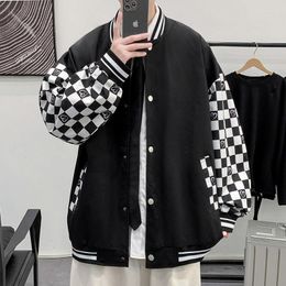 Men's Jackets Baseball Jacket Men Spring Oversize Fashion Patchwork Block Color Coat Long Sleeve Plaid Male Clothing