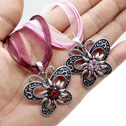 Pendant Necklaces Vintage Butterfly Necklace Jewelry Fashion Retro Bohemia Style Ribbon Rope Chain Crystal Flowers