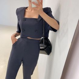 Women's Two Piece Pants 2 Sets Womens Outfits Korean Ladies Office Square Collar Short Sleeve Sexy Crop Top High Waist Split Long Suit