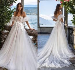 Puff Short Sleeves Lace Appliqued Wedding Dresses Plus Size Sweetheart Boho Garden Bride Robes A Line Tulle Sexy Corset Backless Reception Party Bridal Gowns CL2343