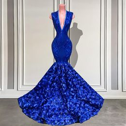 Elegant Sparkly V-neck Royal Blue Sleeveless 3D Rose Mermaid Prom Dress Long Sequined Black Girls Gala Evening Party Wear Gowns Cu249d