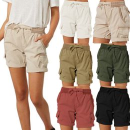 Womens Shorts Women Cargo Pants Elastic Waist Short Cotton Linen Pocket Summer Beach Solid Color Sliming Comfot Breathable 230601