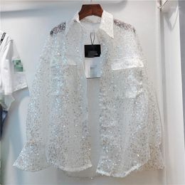 Women's Blouses High Street Shirts Diamonds Sequin Button Down Tops Women Long Sleeve Spring Summer See Through Fashion Trendy