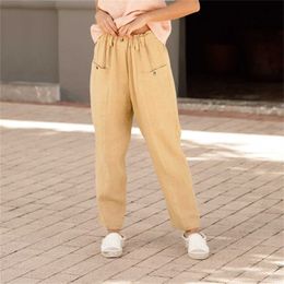 Capris Spring and Summer Women's Cotton Linen Wide Leg Loose Elastic Waist Casual Men's Solid Pocket Straight Pants P230602