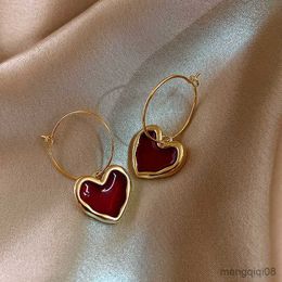 Stud Sweet Red Heart Earrings for Women Girl Gold Colour Metal Love Hanging Dangle Lucky Jewellery