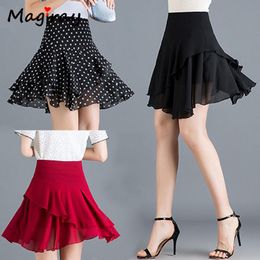 Capris Ruffle Pleated Chiffon Skirt Women Wrap Korean High Waist A Line Mini Skater Skirt Sexy Red Black Polka Dot Dance Elegant Skirt