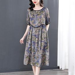 Dress 2023 Female Floral Natural Silk Satin Midi Dress Summer Short Sleeve Light Loose Waist Aline Dress Korean Vintage Casual Dress