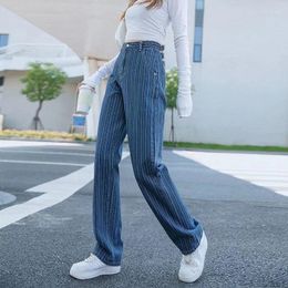 Women's Jeans Double Waist Design Striped Casual High Loose Show Thin Straight Leg Mop Women