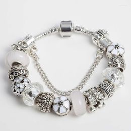 Charm Bracelets VIOVIA White Flower Rhinestone Glass Beads Antique Silver Colour For Women Fit Pan Fashion Jewellery Gift Girl B15262