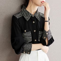 Women's Blouses Designer Fashion Spring Hit Colour Black Chiffon Shirt Vintage Women Lapel Golden Single Breasted Ladies Office Pockets