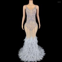 Stage Wear Women Sparkly Rhinestones Feathers Strap Maxi Sexy Celebriate Birthday Evening Prom Dress Pography Performance Costume