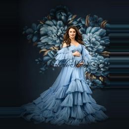 Dress Elegant Blue Tiered Tulle Maternity Dress Off Shoulder Rulles Aline Pregnanty Women Gowns Long Baby Shower Dress Photoshoot