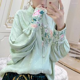 Women's Blouses Party Shirt Women Spring Stand Collar Retro Floral Embroidery Loose Lantern Sleeve Shirts Women's Tunic Tops NS142