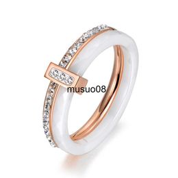 Band Rings 2 Layers Black/White Ceramic Crystal Wedding Rings Jewellery Rose Gold Plated Stainless Steel Rhinestone Engagement J230602