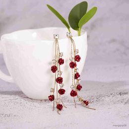 Stud Fashion Rose Flower Dangle Earrings for Women Long Tassel Shiny Rhinestone Drop Earring Wedding Party Engagement Jewelry Gifts