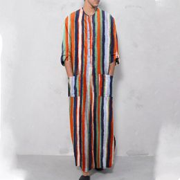 Ethnic Clothing S-5XL Muslim Fashion Men Striped Mixed Colour Short Sleeves Round Neck Button Shirts Robes Jubba Thobes With Side Pockets