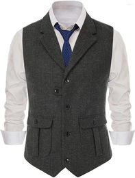 Men's Vests Casual Suit Vest Notch Lapel With Two Pockets Herringbone Waistcoat For Wedding Groomsmen Men's