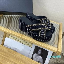 Designer Slippers Women Fabric Slippers Summer Wedge Heel Mules Cross Strap Sandals Ladies Cool Slides