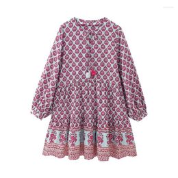 Casual Dresses 2023 Women Printed Loose Fitting Dress With Fashionable V-Tie Embellishments And A Mini 3/4 Sleeves