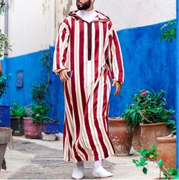 Ethnic Clothing Muslim Jabador Man 2023 Arabic Dress Tunic Jubba Thobe For Men Autumn Striped Long Robe Hoodie Pakistan Saudi Arabia Caftan