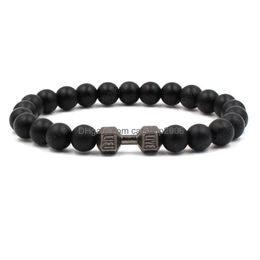 Beaded Natural Black Matte Stone Bracelets Handmade Dumbbell Bracelet Bangle For Men Women Sports Jewellery Drop Delivery Dhfkw