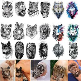 Tattoos 50Pcs Wholesales Waterproof Temporary Tattoo Sticker Tiger Lion Wolf Forest Man Big Sexy Flower Women Body Arm Art Fake Tattoos