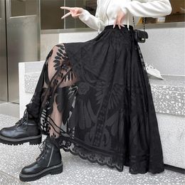 Dresses Elegant High Waist Black Big Swing Tulle Skirt Autumn Women's Lace Mesh Long Skirt Korean Loose All Match Pleated Skirt Clothes