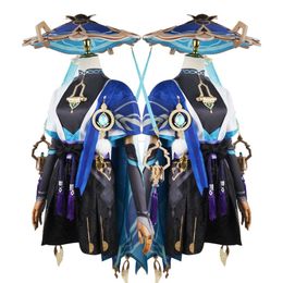 애니메이션 의상 겐신 충격 Scaramouche Cosplay Come Red Blue Wanderer 모자 신발 가발 Z0602