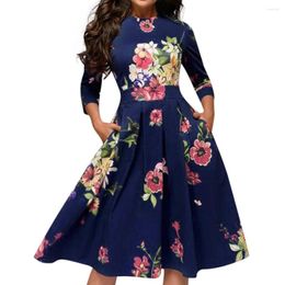 Casual Dresses Women Elegent A Line Long Sleeve Party Vintage Floral Print Round Neck High Waist With Pockets Vestidos