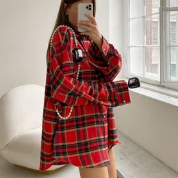 Women's Blouses Red Plaid Shirts For Women Spring Summer Fashion Oversized Long Sleeve Button Up Shirt Ladies Retro Blouse Casual Baggy Top