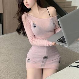 Casual Dresses Summer Chinese Style 2023 Girl Top Perspective Hole Knitted Dress Backless Tie Pink Sexy Bag Hip Skirt