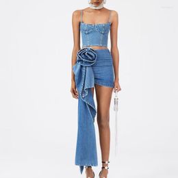 Work Dresses PREPOMP 2023 Summer Rose Blue Denim Wrap Hip Half Skirt Women Asymmetric Y2k Sleeveless Camis Crop Top Two Piece Set GH900