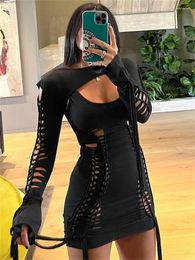 Casual Dresses 2023 Vintage Women Lace Up Flare Long Sleeve Mini Cover Bodycon Midi Tank Dress Gothic Y2K Sexy Party