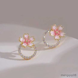 Stud Elegant Cherry Blossoms Flower Earrings For Women Sweet Light Pink Flowers Rhinestone Earring Girls Party Wedding Jewellery