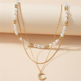 Pendant Necklaces Fashion Gold Color Shaped Artificial Pearl Bead Chain Crystal Moon Necklace For Women Vintage Multilevel Punk Jewelry